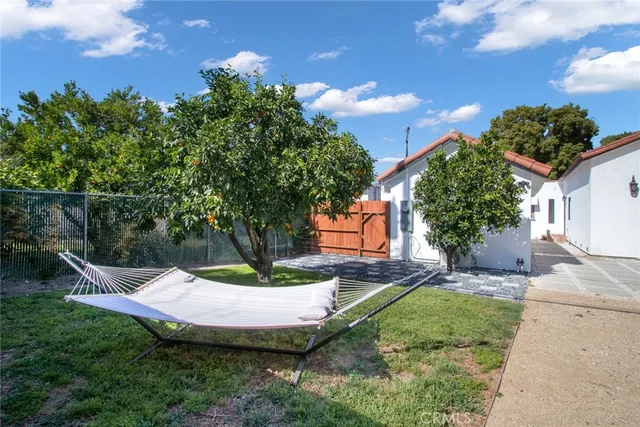a view of a backyard with plants and a patio