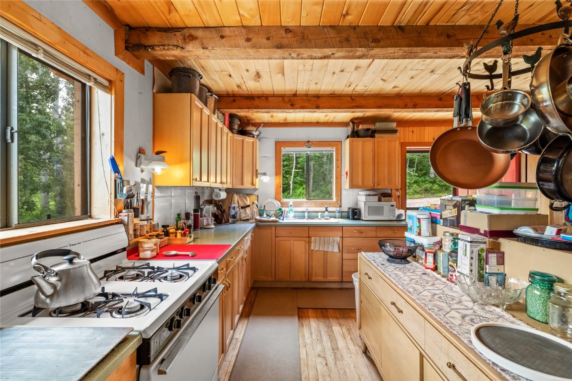 389 Routt Forest Loop Craig, CO 81625 - Photo 19 of 49 a kitchen with a stove a sink and a wooden floor