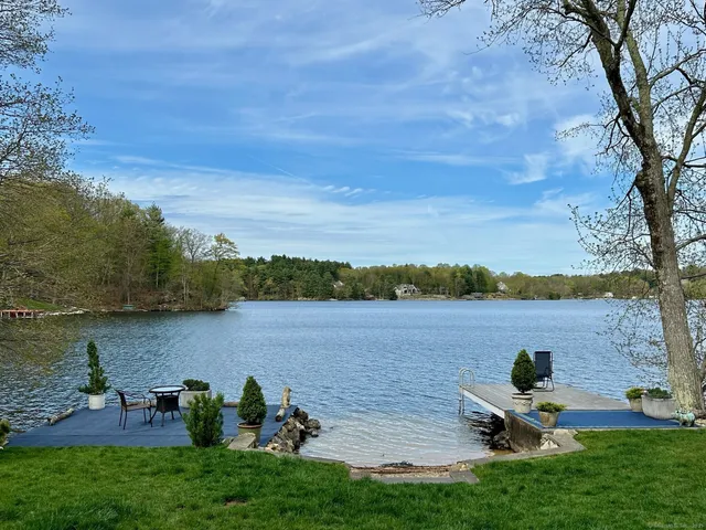 a lake view with a bench and trees around