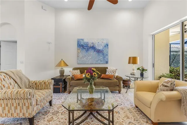 a living room with furniture ceiling fan and a rug