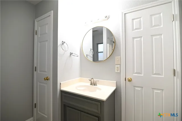 a bathroom with a sink and a mirror