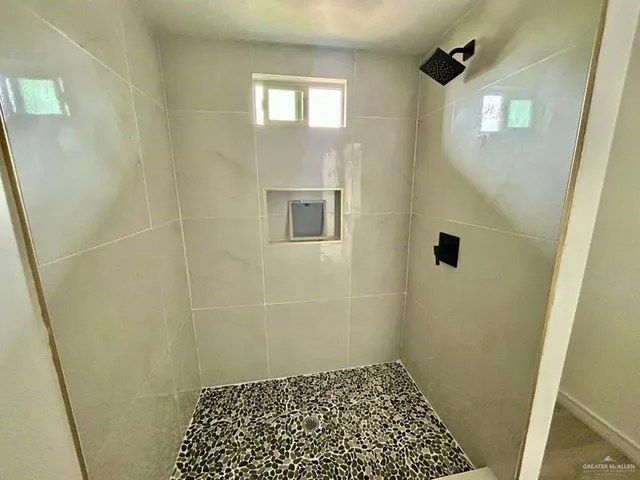 a bathroom with a shower and a sink
