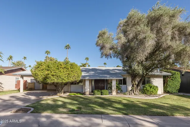 a view of a house with a yard and potted plants