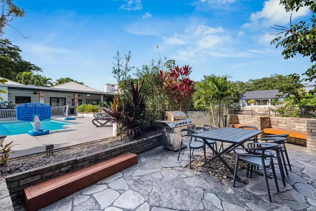 a view of a backyard with swimming pool