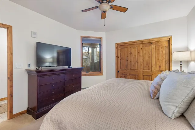 a bedroom with a bed and a flat screen tv