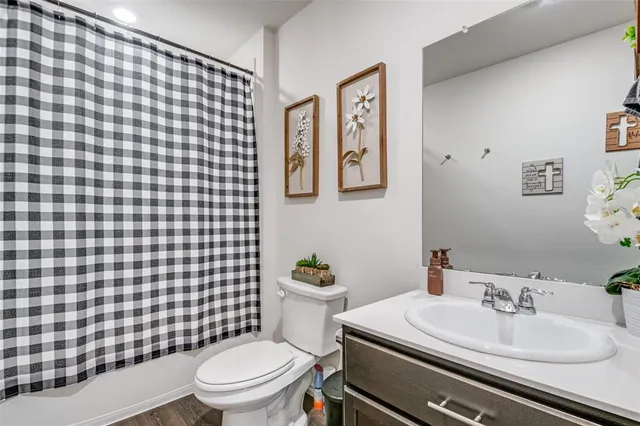 a bathroom with a sink a toilet and mirror