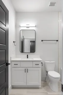 a bathroom with a sink a toilet and mirror