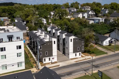 a view of a city with tall buildings