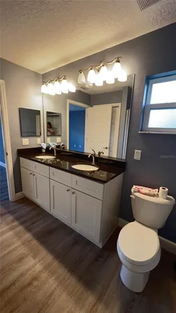 a bathroom with a toilet sink and mirror