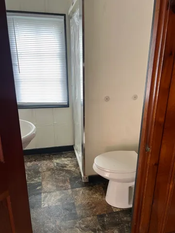 a bathroom with a toilet and a shower