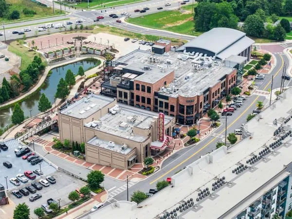 an aerial view of an buildings and street