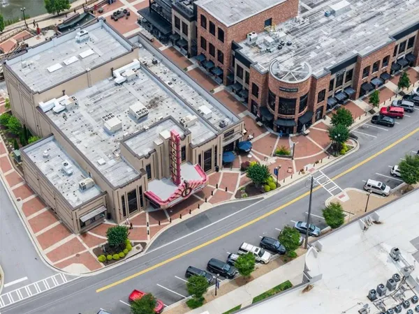 an aerial view of an buildings and street