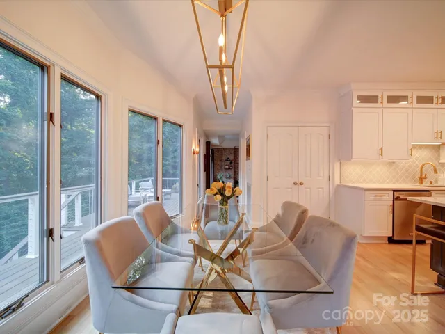 a dining room with furniture and a floor to ceiling window