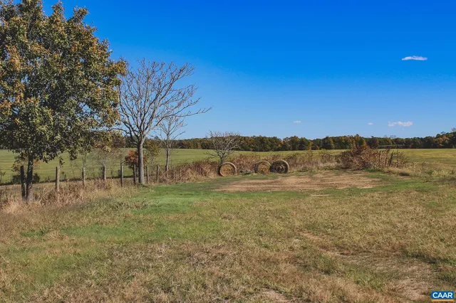 a view of a field with trees in the background