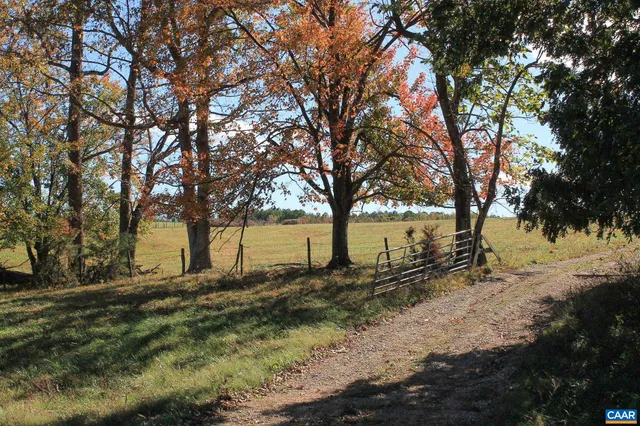 a view of a yard with wooden fence