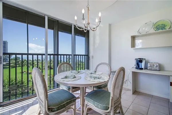 a view of a dining room with furniture window and outside view