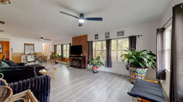 a living room with furniture potted plant and a flat screen tv