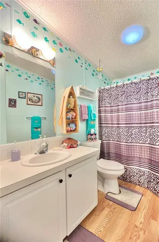 a bathroom with a sink mirror vanity and toilet