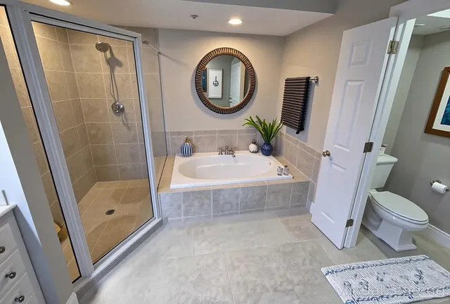 a garden view with a seating space