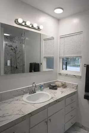 a bathroom with a granite countertop sink a large mirror and a shower