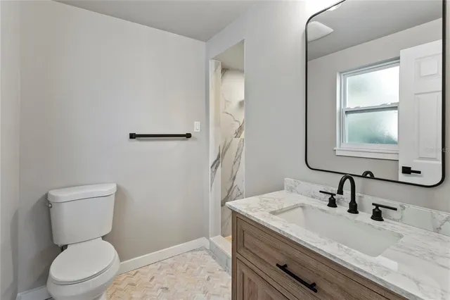 a bathroom with a sink a toilet and mirror
