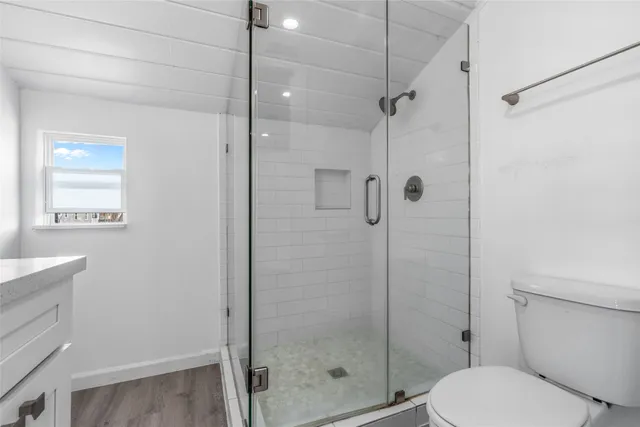 a bathroom with a shower and toilet