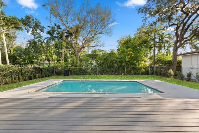 a view of a swimming pool with a yard