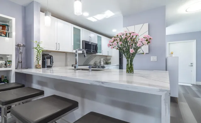 a kitchen with a potted plant on the counter