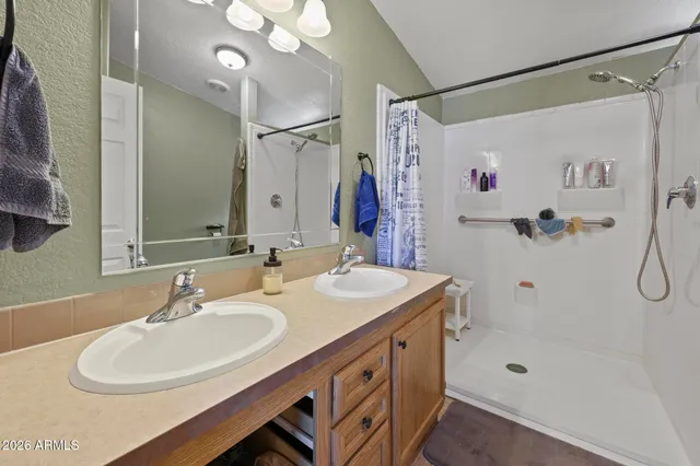 a bathroom with a sink a mirror a shower and a mirror