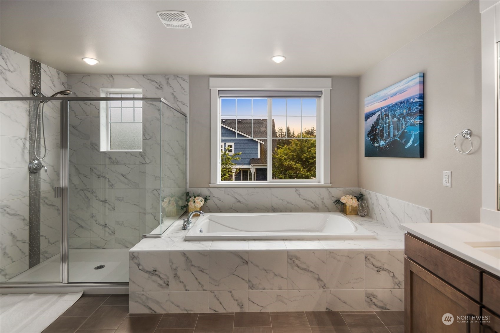 16025 Southeast 144th Street Renton, WA 98059 - Photo 36 of 40 a bathroom with a tub a sink and glass door shower