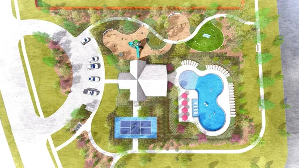 an aerial view of a swimming pool