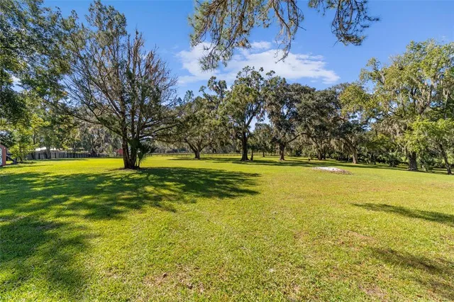 a view of yard with swimming pool and trees