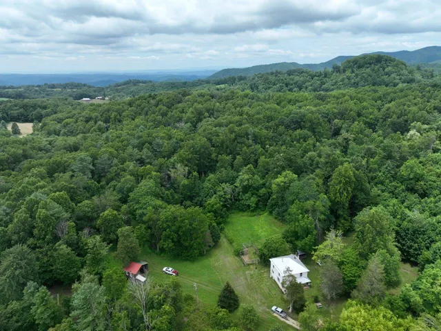 a backyard of a house with lots of green space and mountains
