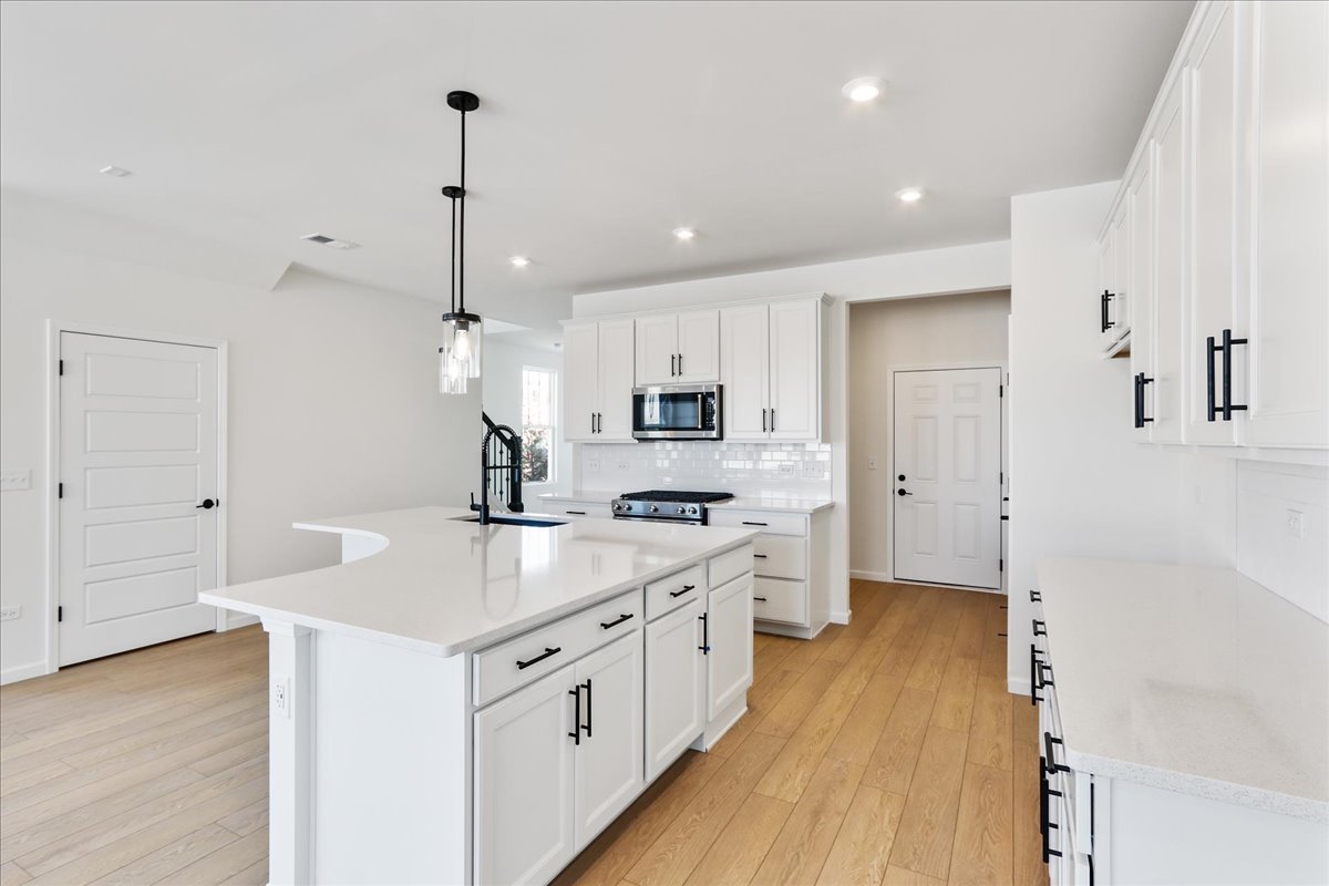 667 Switchgrass Way, Unit 62003 Bolingbrook, IL 60490 - Photo 16 of 33 a large kitchen with stainless steel appliances a stove a sink a refrigerator and white cabinets with wooden floor