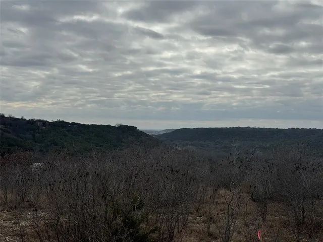 a view of a dry yard with mountains in the background