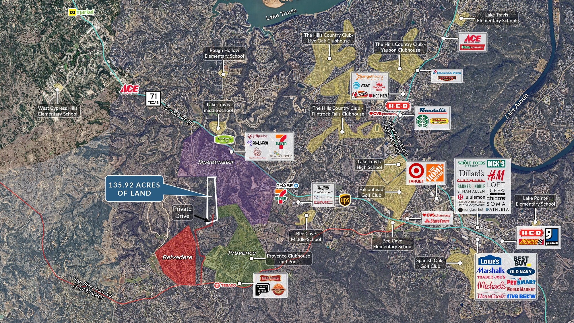 17318 Hamilton Pool Road Austin, TX 78738 - Photo 19 of 21 An aerial regional map outlines the parcel location relative to nearby schools, shopping, and lakes.