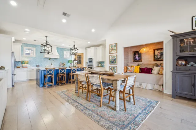 a view of a dining room with furniture