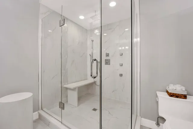 a bathroom with a shower and a toilet