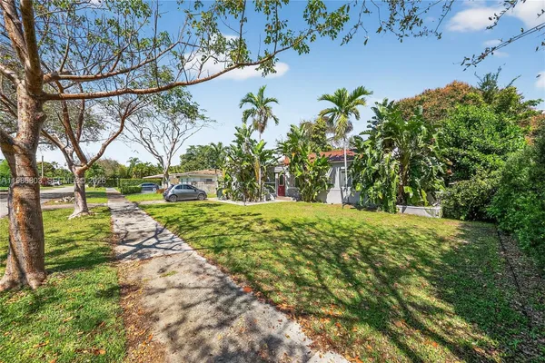 a view of a yard with plants and trees