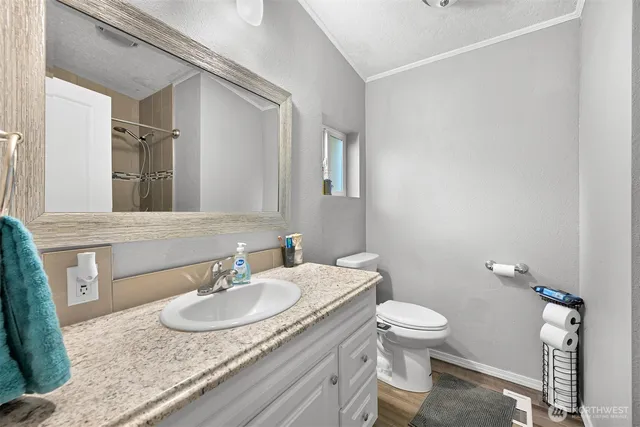 a bathroom with a granite countertop sink a toilet and a mirror