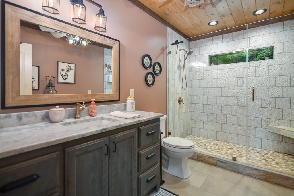 17 Emmaus Walk Blue Ridge, GA 30513 - Photo 21 of 59 a bathroom with a granite countertop sink a toilet a mirror and shower