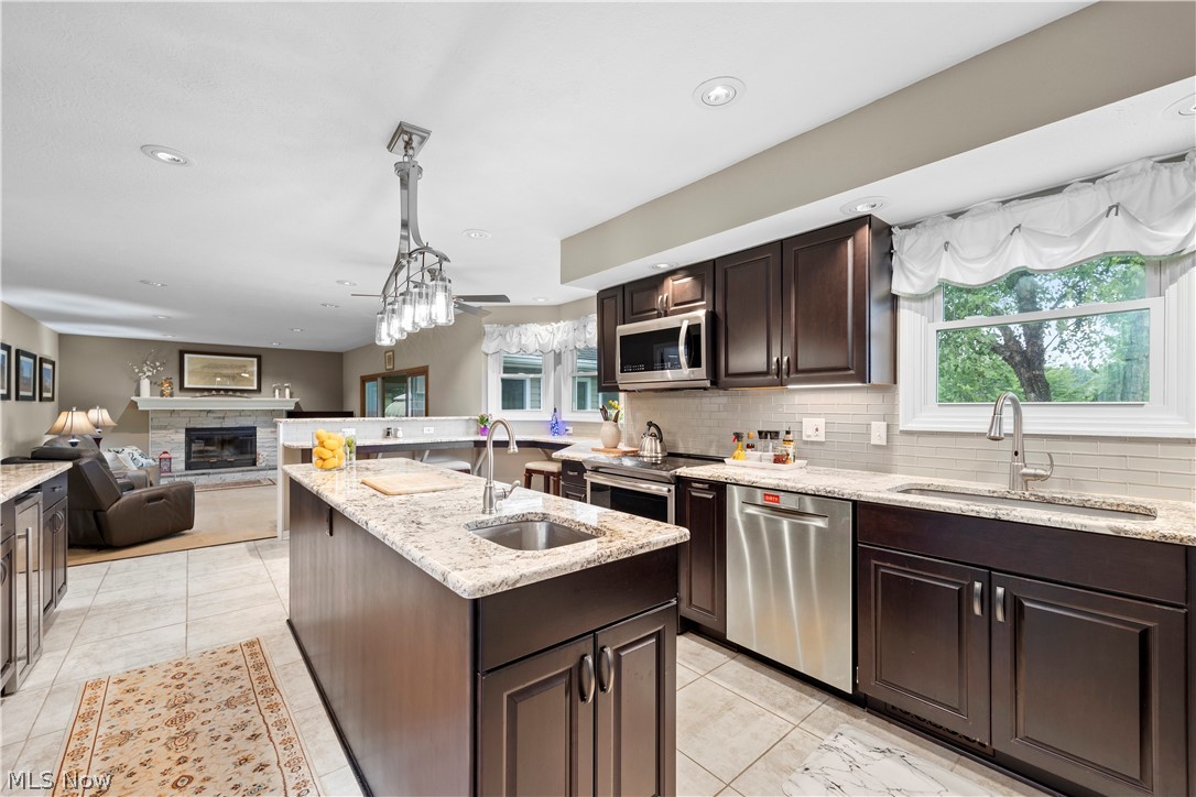 3270 North Ridge Road Vermilion, OH 44089 - Photo 17 of 49 Kitchen featuring dark wood cabinetry, light countertops, stainless steel appliances, and a tiled backsplash