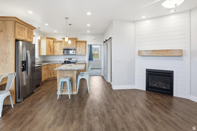 1009 High Creek Road Cove, UT 84320 - Photo 56 of 79 ADU Kitchen with a barn door, hanging light fixtures, stainless steel appliances, a center island, and a kitchen breakfast bar
