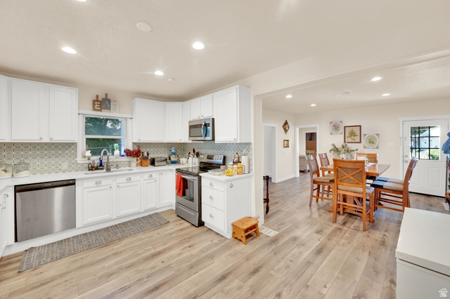 501 Canyon Road Ogden, UT 84404 - Photo 21 of 30 Bright kitchen featuring white cabinetry, stainless steel appliances, wood-finish flooring, recessed lighting, and an open concept dining area