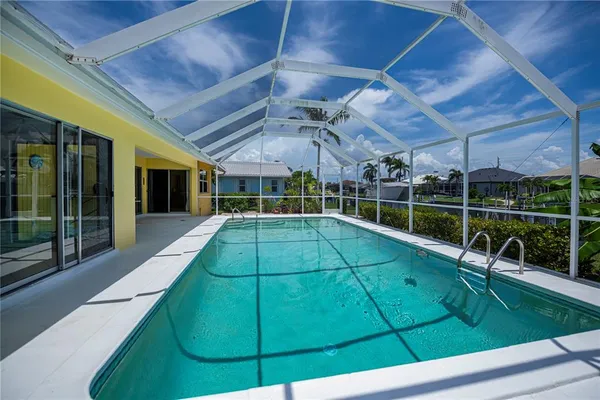 a garden view with a seating space