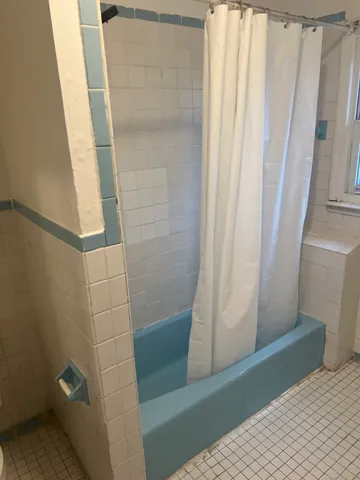 a bathroom with a shower and a toilet