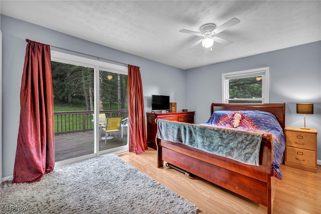 3954 Homestead Road Ravenna, OH 44266 - Photo 22 of 46 Bedroom featuring access to exterior, wood finished floors, a textured ceiling, and a ceiling fan