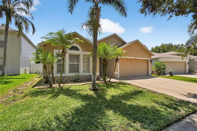 a view of a house with a yard and palm trees