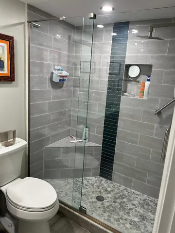 a bathroom with a toilet and a shower