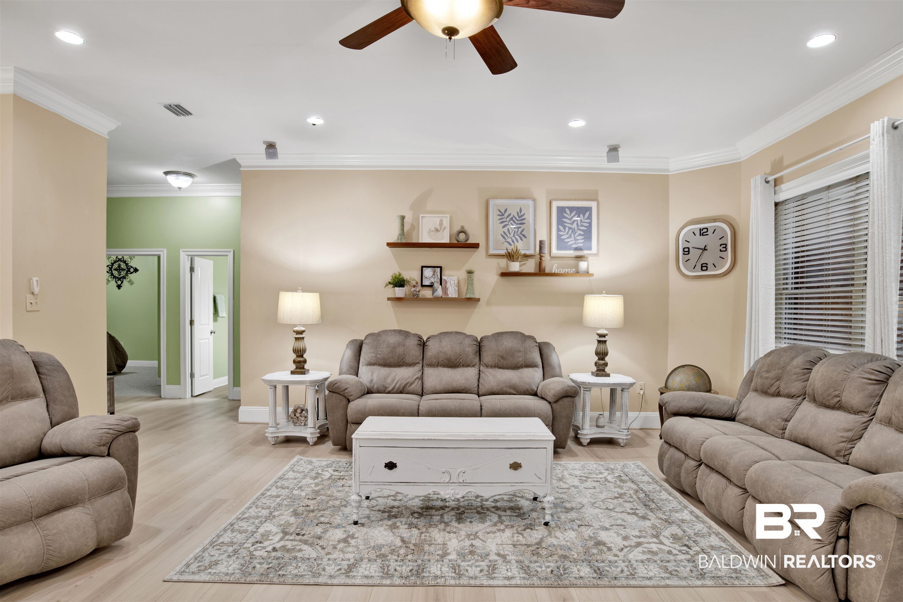 4340 Hamilton Oaks Lane Mobile, AL 36695 - Photo 12 of 51 Living room featuring ornamental molding, ceiling fan, and hardwood / wood-style floors